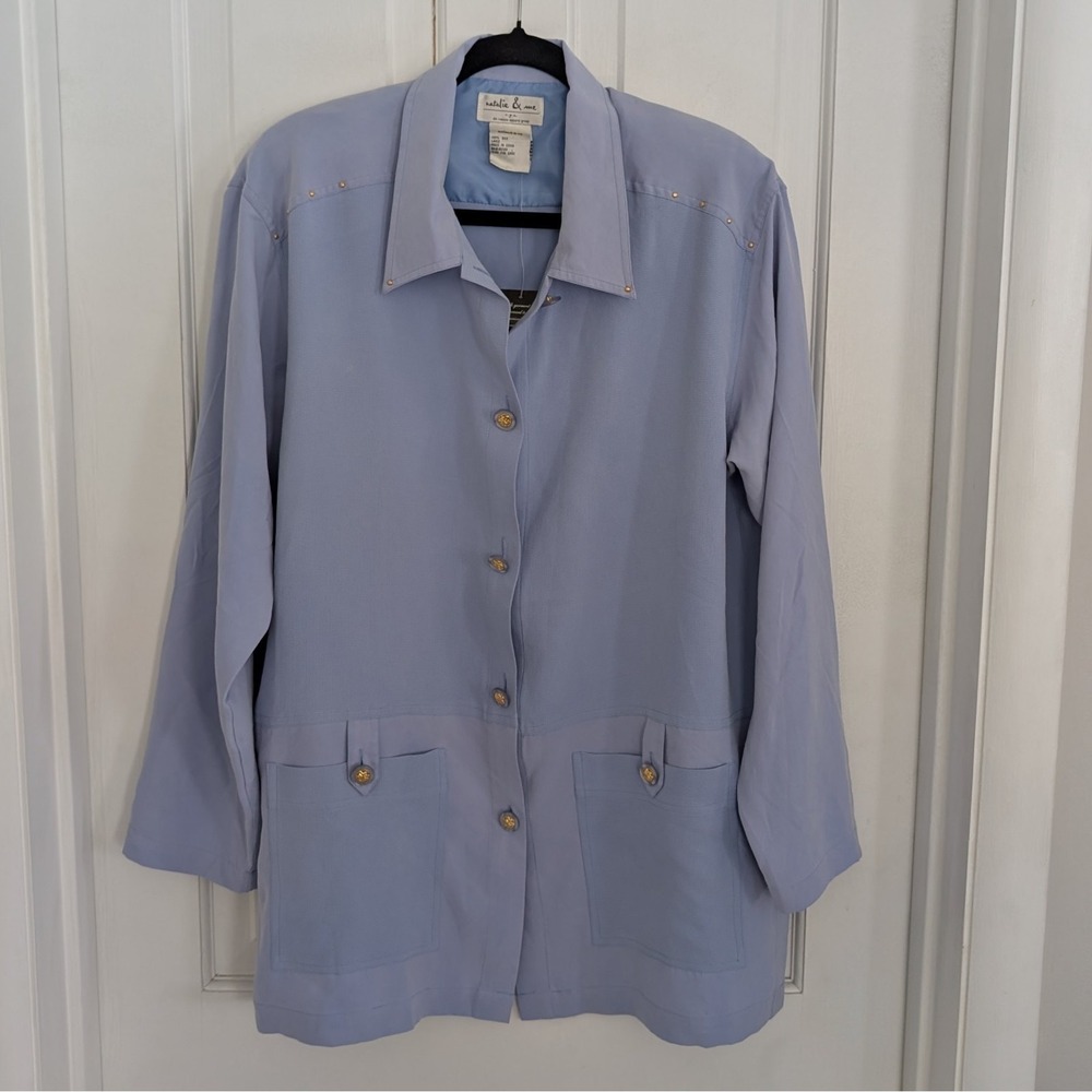 VTG Natalie‎ & Me 100% Silk Top LARGE Luxury Button Up Soft Cardigan Layer Blue